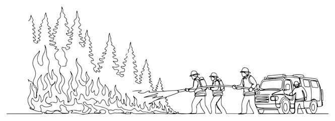 Fototapeta premium Firefighters Battling Forest Wildfire with Hose One Line Illustration