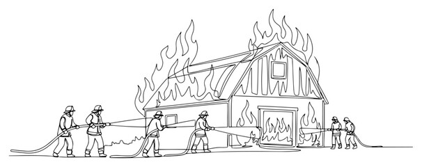 Fototapeta premium Firefighters Extinguishing Burning Barn in One Line Illustration