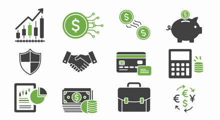 Green and black finance icon set illustrating business and investment. Vector symbols for money, cryptocurrency, savings, and security in a clean flat design for web and infographic use.