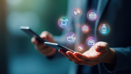 Person practicing yoga with glowing floating icons of yoga mat, dumbbell, and water, symbolizing fitness, healthy lifestyle, and wellness in modern living.