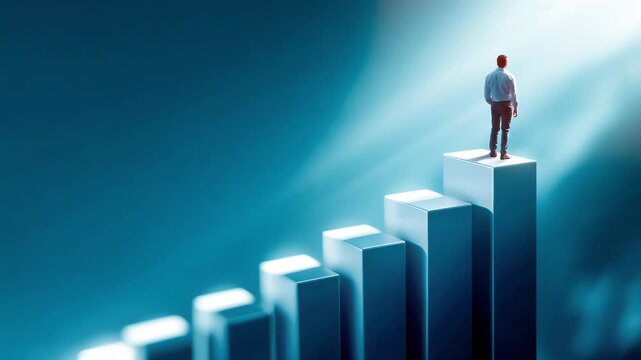 Businessman standing on top of rising 3D bar graph steps, symbolizing career growth and success