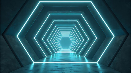 Futuristic hexagonal neon tunnel with glowing blue lights and reflective floor