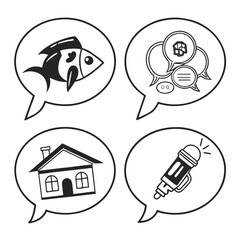 Speech bubbles with fish, house, microphone, and chat icons isolated on white