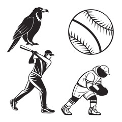 Obraz premium Monochrome illustration of baseball players, ball, and a raven