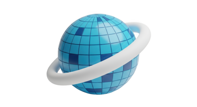 Blue globe with white ring isolated on transparent background