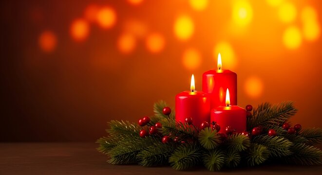 Three red advent candles on a festive evergreen wreath