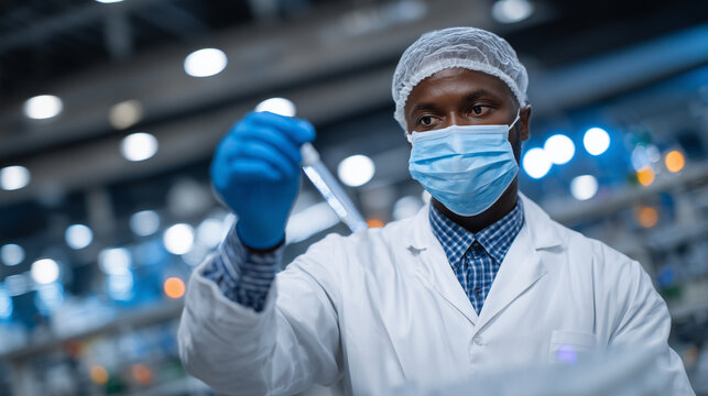 Laboratory close-up, researcher in face mask and protective clothing sealing covid-19 test tubes, bright sterile hospital facility, strict safety adherence
