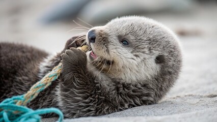 Baby Otter Concept A cute otter eating on the shore, showcasing its playful nature and fur texture.