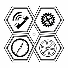 Illustration of four interconnected hexagons displaying various tools