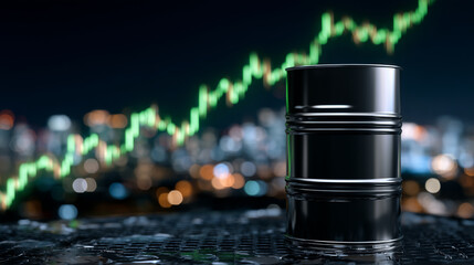 Close-up of crude oil barrel with reflective surface, digital rising line graph glowing neon green behind, futuristic finance imagery