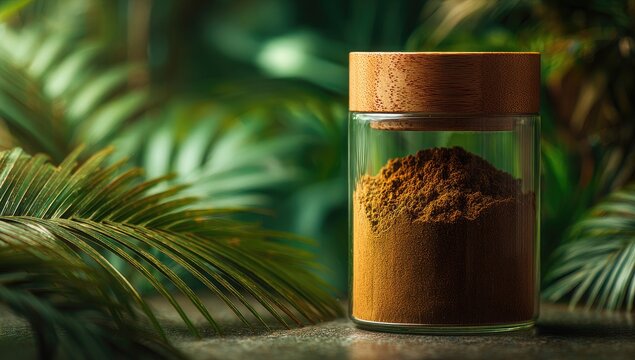 Glass jar filled with earthy-brown spice powder, situated amongst lush green foliage