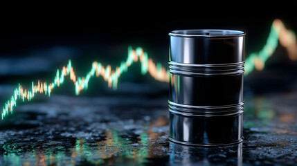 Close-up of crude oil barrel with reflective surface, digital rising line graph glowing neon green behind, futuristic finance imagery