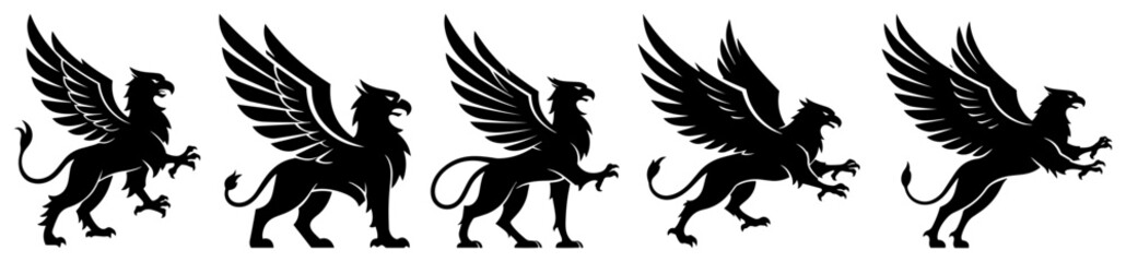 A Set of Griffins Mythological Creatures Black Shape Vector Laser Cutting Engraving Monochrome Print