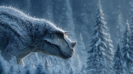 Obraz premium Icy dinosaur standing on snow-covered mountain