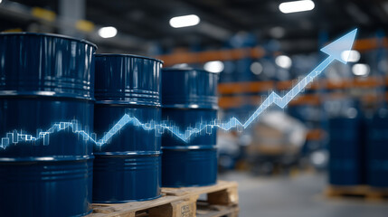 Oil barrels lined in warehouse, translucent stock chart with rising arrow overlay, concept of market growth in crude oil industry