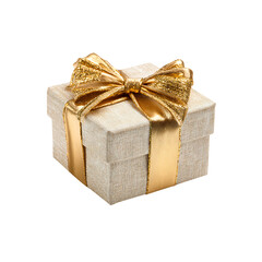Obraz premium Elegant golden ribbon gift box radiating luxury and celebration for special occasions, birthdays, and holidays, creating joy and surprise.