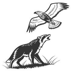 Eagle soaring above a wolf howling on grass