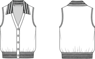 Vector flat fashion sketch of sleeveless button vest with collar, ribbed hem, striped neckline, front buttons, and back technical illustration