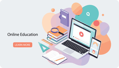 Online education concept with laptop, mobile phone, books, magnifying glass, notebook, ruler, and learning tools for remote digital study