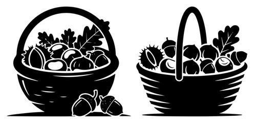 Basket of Acorns and Oak Leaves for Autumn Decoration