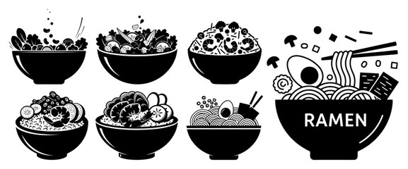 Set of Asian and Hawaiian Food Bowls with Ramen black shape vector laser cutting engraving monochrome print