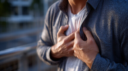Close-up of manâs hands gripping shirt over chest, veins tense, dramatic shadow and light highlighting sudden pain