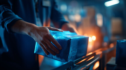 Small business warehouse workers under vibrant blue light prepare goods for express delivery hyper realistic shipping labels glowing moody shadows on shelves bold colors in