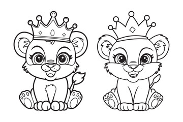 Obraz premium Adorable Baby Lion and Lioness with Royal Crowns Black and White Coloring Page for Kids