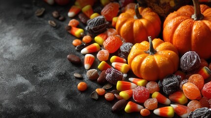 Assorted Halloween candies and pumpkins on black background