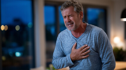 Middle-aged man in casual shirt clutching his chest with both hands, face twisted in pain, indoor close-up dramatic lighting