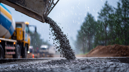 Obraz premium Industrial close-up shot of wet concrete dropping from construction mixer, raw texture with splashes frozen mid-air