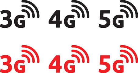 3g, 4g, 5g, mobile, network, internet, technology, signal, connection, wireless, communication, data, speed, generation, icon, symbol, graphic, design, black, red, white background, set, collection, w