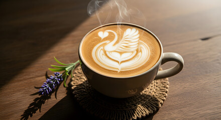 Aromatic coffee with beautiful swan latte art, a morning delight.