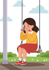 Girl playing harmonica on swing enjoying outdoor park nature scene vector illustration