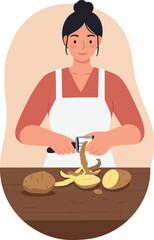 Woman peeling potatoes cooking preparation kitchen healthy food fresh vegetables vector illustration
