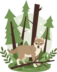 Young wolf standing in pine forest with green foliage and snowflakes winter scene vector illustration