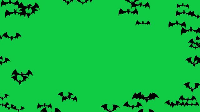 happy halloween bats border frame flying on green screen loop animation, chroma key trick or treat isolated birds motion design element	