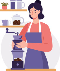 Woman grinding coffee beans in kitchen with coffee grinder and shelves of mugs and plants vector illustration