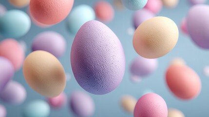 Scattered floating pastel Easter eggs on plain background