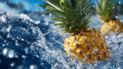 Close-up of pineapple and mango plunging into clear water, dramatic splash with ripples and droplets, tropical fruit freshness emphasized