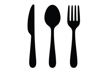 Cutlery icon with knife, fork, and spoon. Restaurant menu symbol. Kitchen utensil silhouette. Concept for food, eating, dining. Dinnerware graphic. Flat tableware vector set.