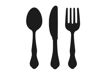 Cutlery icon set with fork, spoon, and knife. Black silhouette of flatware for a restaurant menu or dinner concept. Vector graphic illustration for food and dining.