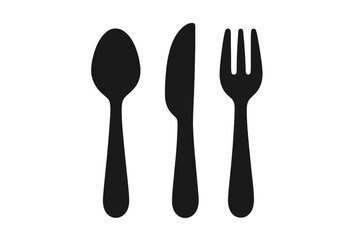 Cutlery icon with fork, knife, spoon. Black silhouette symbol for restaurant menu, dining, and food concepts. Vector graphic illustration of flatware, silverware utensils.
