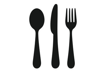 Cutlery icon set with fork, knife, and spoon. Black silhouette vector illustration for food, dining, and restaurant concepts. Kitchen utensil and tableware graphic element.