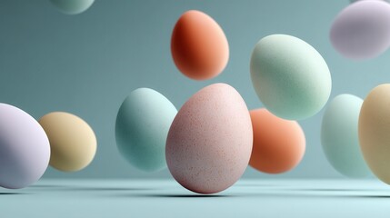 Scattered floating pastel Easter eggs on plain background