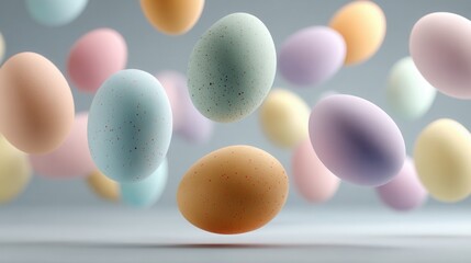 Scattered floating pastel Easter eggs on plain background