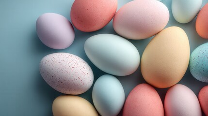 Scattered floating pastel Easter eggs on plain background