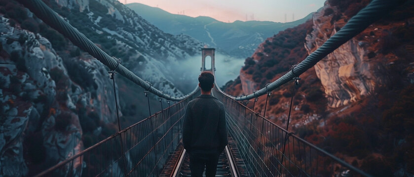 A person stands on a suspension bridge, overlooking a mountain valley at sunrise or sunset