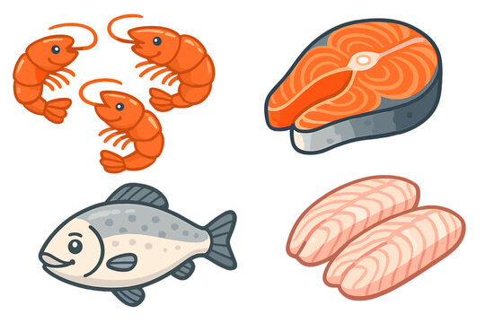 Seafood collection vector cartoon illustration. Cute shrimp, raw salmon steak, whole fish, and white fish fillet. Fresh food icon set for cooking, restaurant menu, or market.