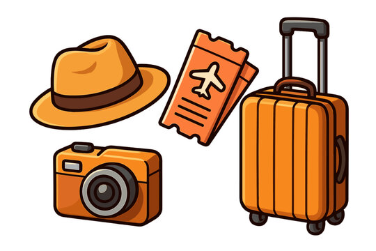 Travel essentials vector icon set for vacation and adventure. Includes luggage, airline tickets, camera, and hat. Tourism and holiday journey concept illustration. Flat design.
